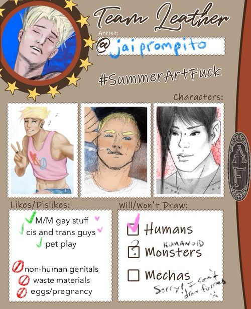 Jai Prompito’s team card for the Sweet Summer Art Fuck 2025 for Team Leather. 