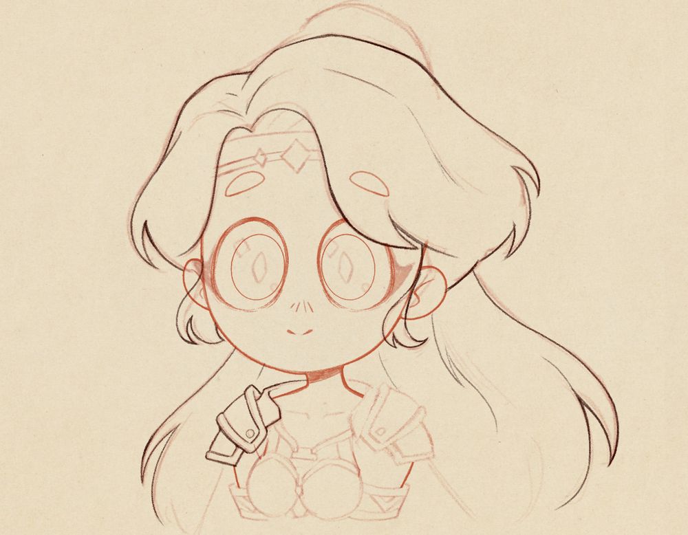 A sketch with part of the lineart done of a pngtuber drawn in a cute chibi style. The character is Sarai a half giant golden paladin.