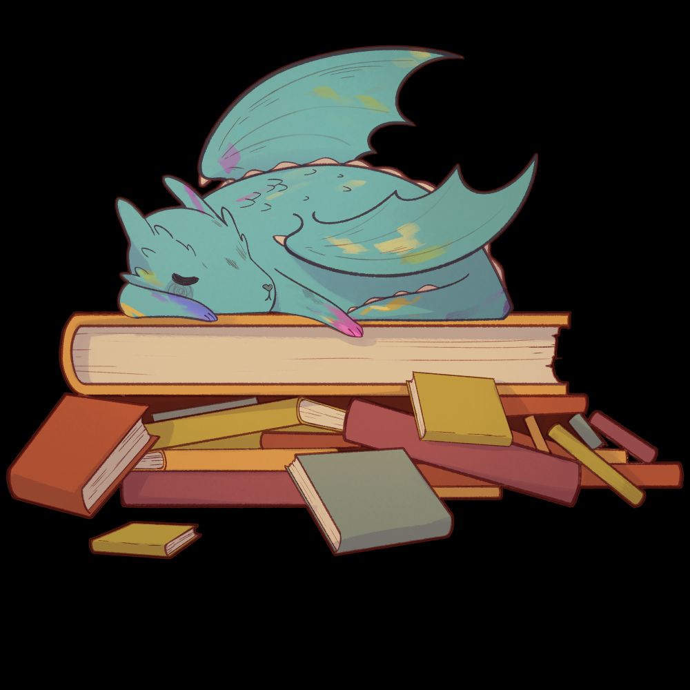 A cute drawing of a teal dragon sleeping on top of a big sketchbook pile, the dragon is also dirty with paints.