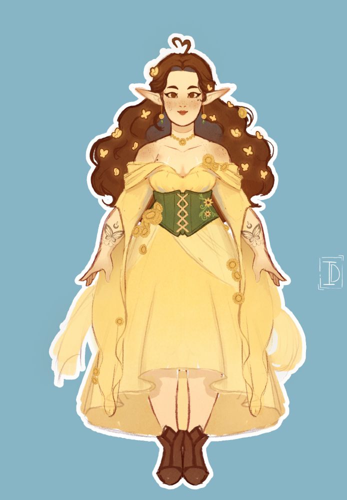 A print of a sketch of a vtuber. The vtuber is a summer eladrin in a flowy yellow dress full of sunflowers, her hair has golden butterflies.