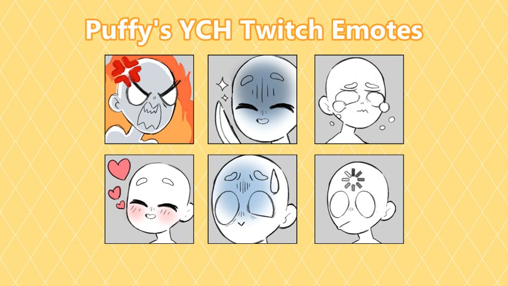 A sheet of sketches twitch emotes. The emotes are (from left to right): angry, menacing, crying, smiling with hearts, anxious, and blank face with buffering image.