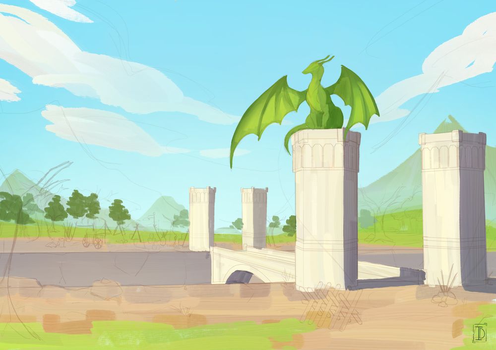 A rough painting of a dragon basking in the sun on top of one of fours towers of a white bridge.