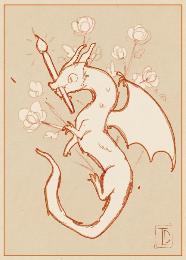 A rough sketch of a cute little dragon holding a painting brush with their mouth. There are flowers on the background.