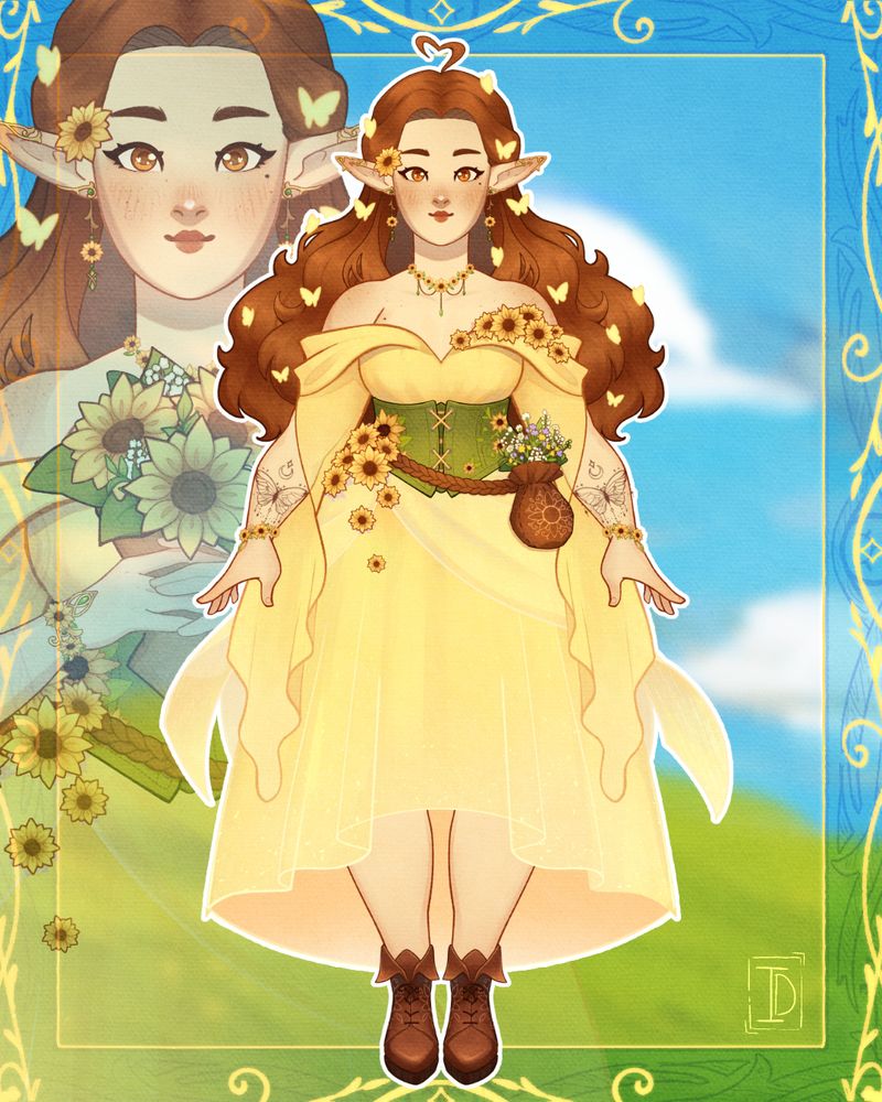 The final art of a non-anime, painterly vtuber model. The character is Chloe, azure bay a summer eladrin elf who loves flowers. She wears a flowy yellow dress decorated with sunflowers and has butterflies on her hair.