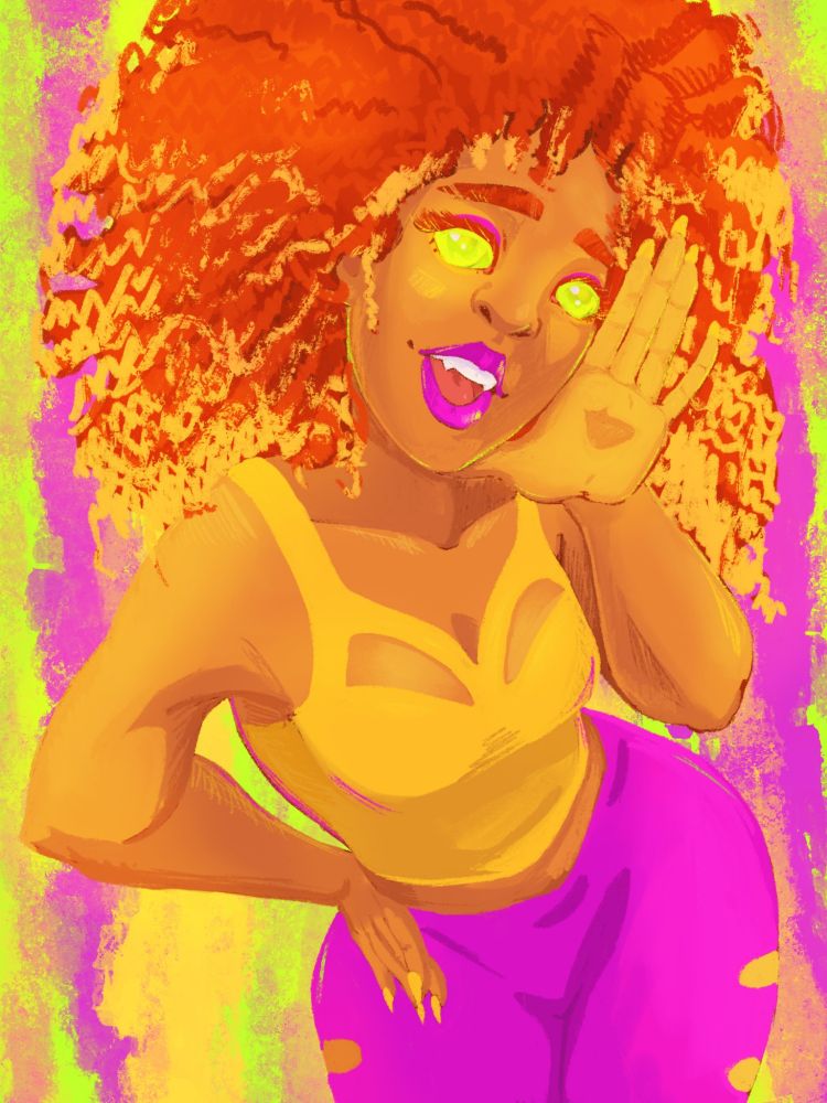 A picture of Starfire from DC Comics in casual clothing. She is an orange skinned woman with neon green eyes and voluminous, curly red hair that shifts into flame. She wears a neon yellow tank top with neon pink leggings. She stands with one hand on her hip and the other open by her face like she's calling out to someone. The background is a textured wash of neon yellow, pink, orange and green.