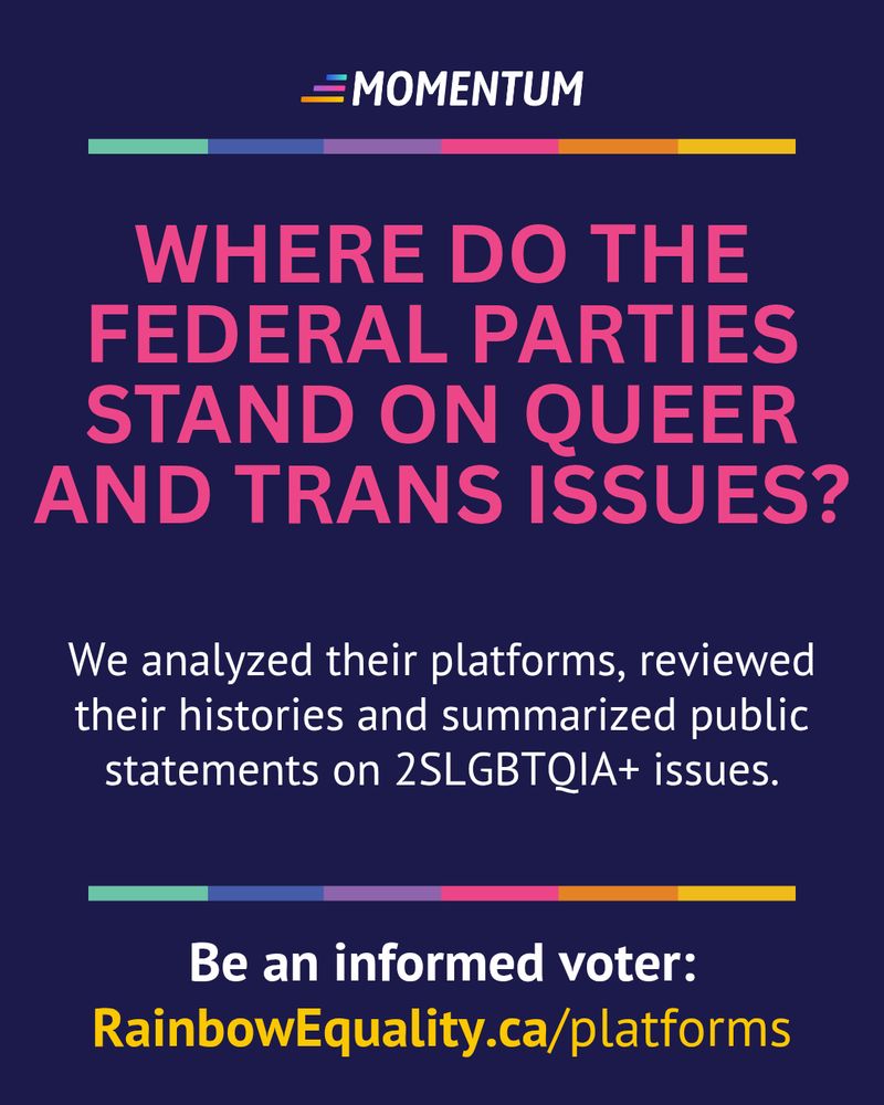 Large pink letters against a navy blue background read in all caps: "WHERE DO THE FEDERAL PARTIES STAND ON QUEER AND TRANS ISSUES?"

Below that, smaller white letters read: "We analyzed their platforms, reviewed their histories and summarized public statements on 2SLGBTQIA+ issues. Be an informed voter: RainbowEquality.ca/platforms"
