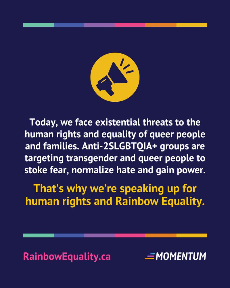White and yellow text against a navy blue background. The text reads:
Today, we face existential threats to the human rights and equality of queer people and families. Anti-2SLGBTQIA+ groups are targeting transgender and queer people to stoke fear, normalize hate and gain power. Thatβs why weβre speaking up for human rights and Rainbow Equality.