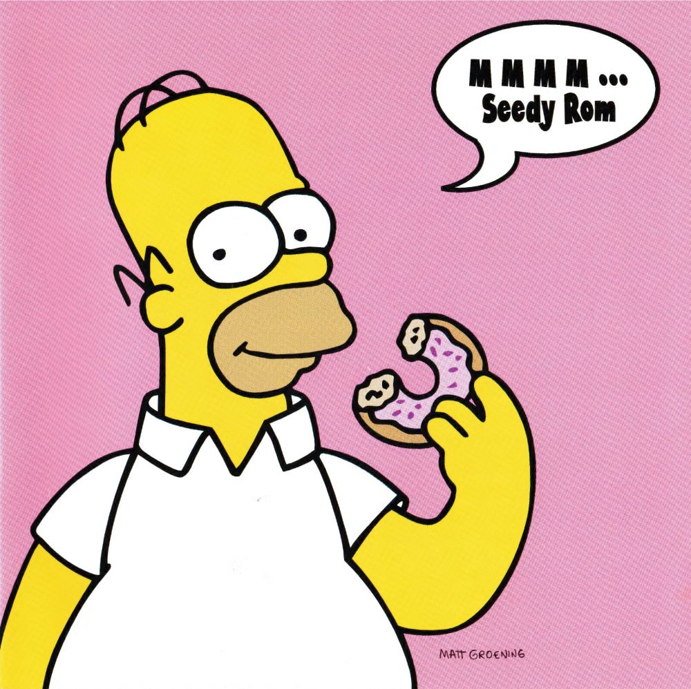 Picture of Homer Simpson eating a donut, with a speech bubble saying "Mmmm... Seedy Rom". Signed by Matt Groening.