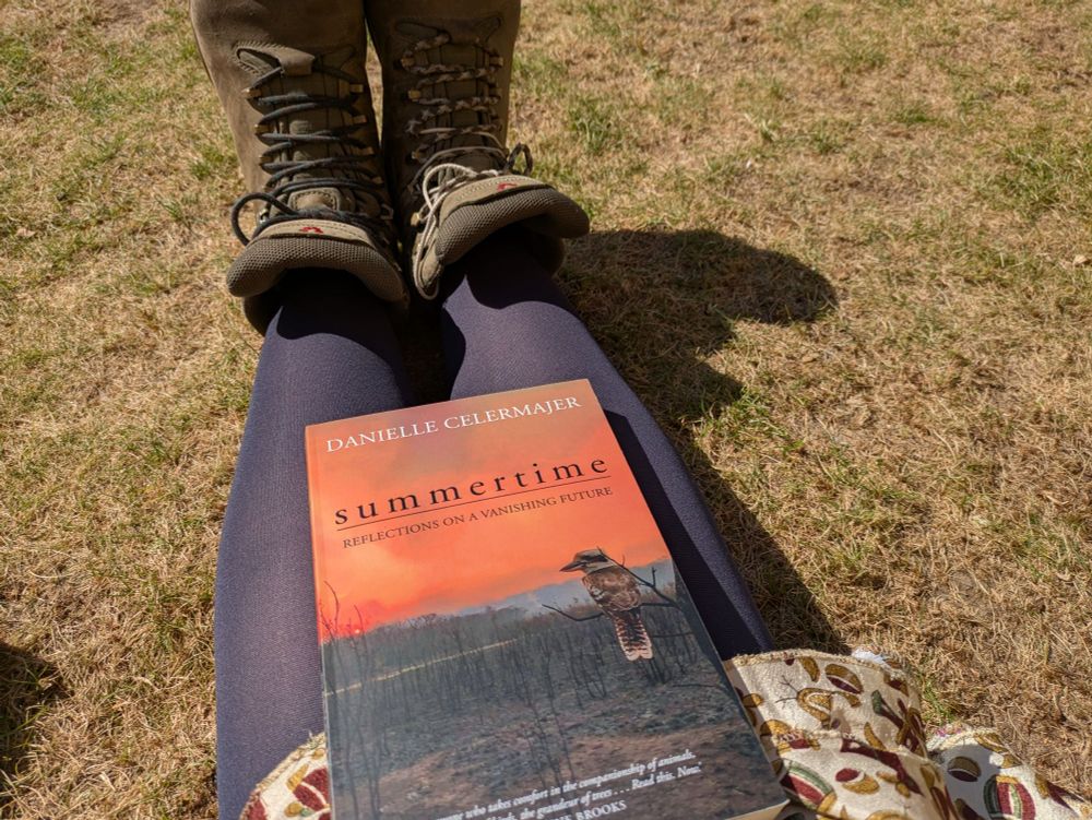 Book "summertime" by Danielle Celermajer resting on legs as the reader sits outstretched on grass