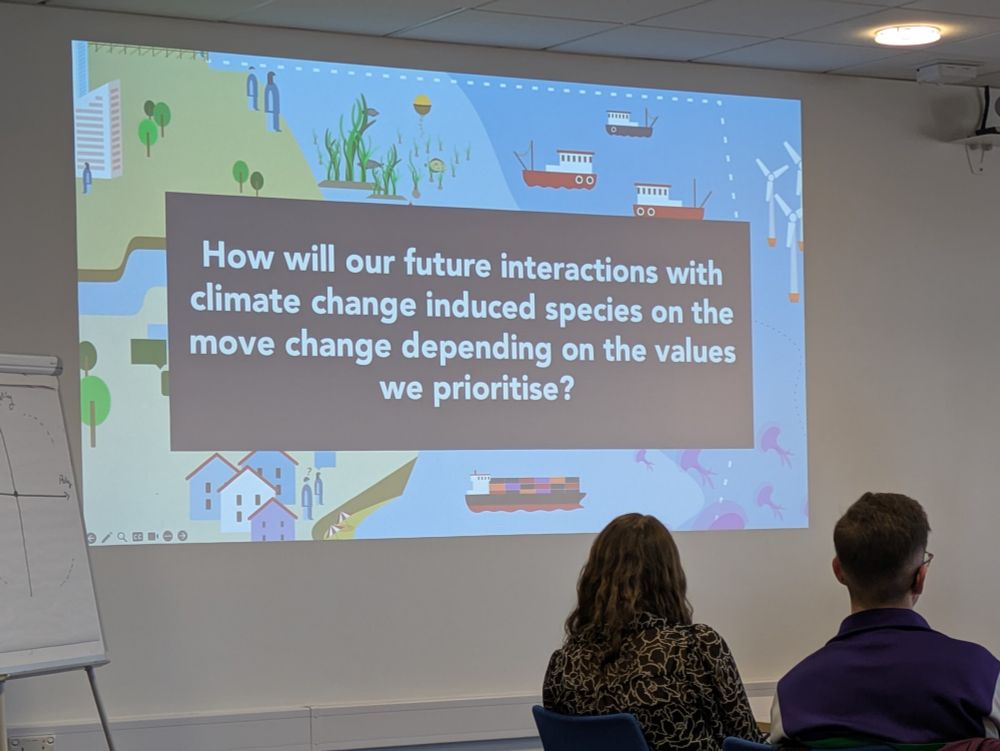 How will our future interactions with climate change induced species on the move change depending on the values we prioritise? - reads a slide on the board 