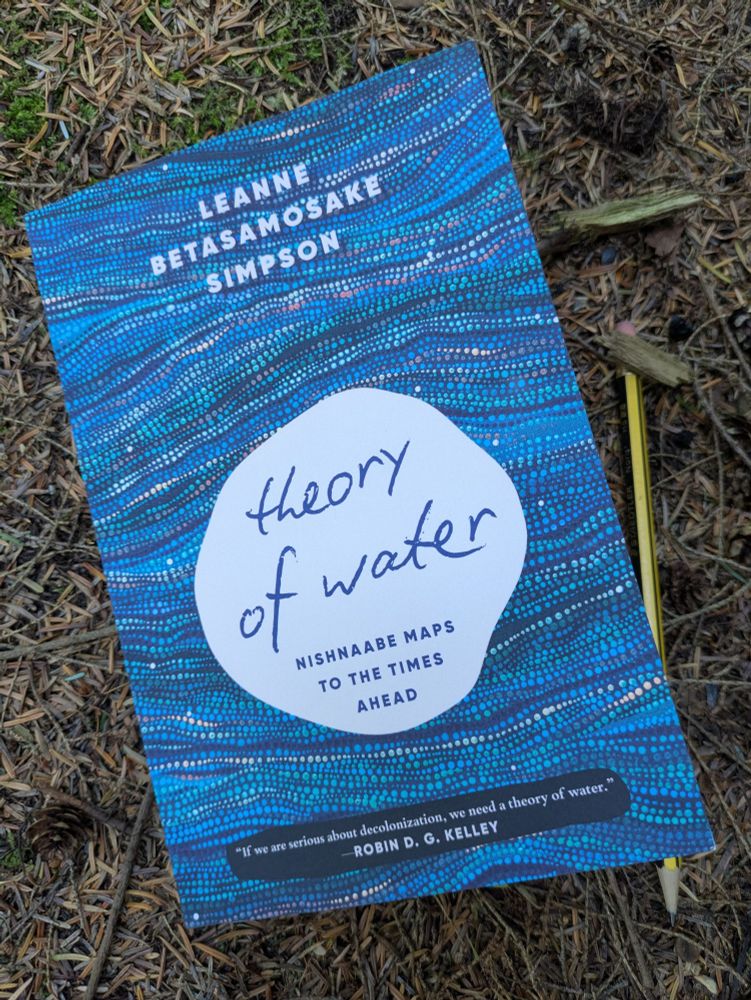 Book next to pencil on the forest floor. The book is Theory of Water by Leanne Betasamosake Simpson