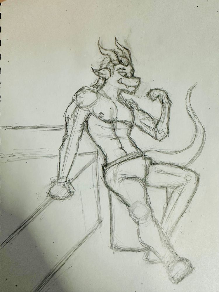 Pencil sketch of a wingless gargoyle figure in a cool propped up pose leaning one hand on a long rectangular object while sitting on a smaller cylindrical object. The figure’s hair is slicked back and he appears to be wearing some kind of tight leather pants perhaps, and maybe boots.