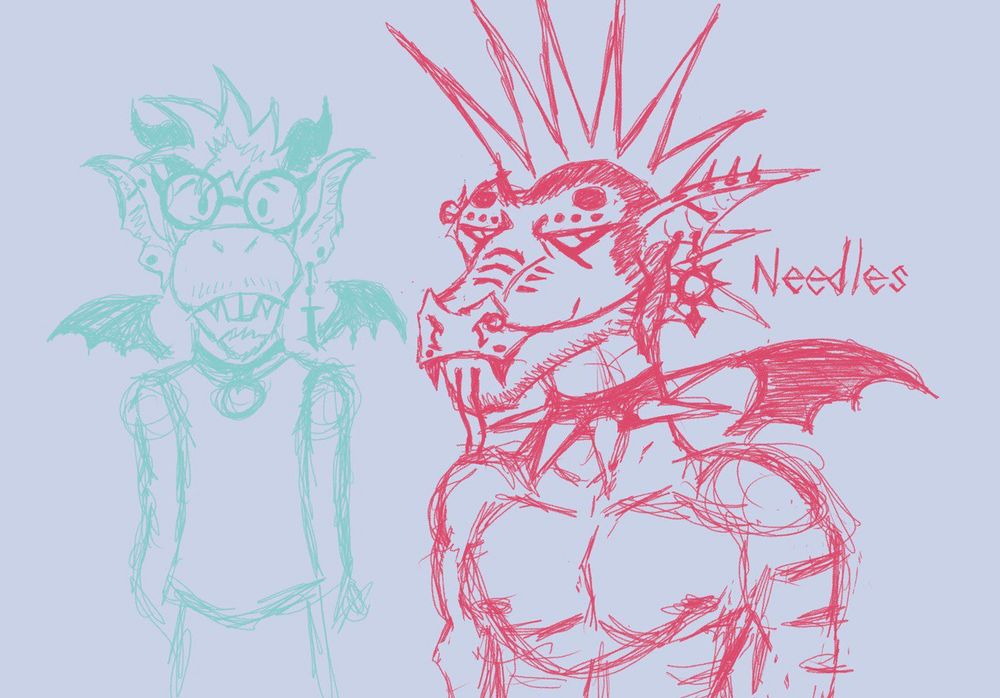 Doodle of two goth gargoyle freaks: a super geeky buck toothed big glasses runt with a few piercings and a cute leash ring collar on the left, and a lean mean chiseled spiky punk pierced to hell and back with sawn off horns and a big spiky choker sporting a liberty spiked mohawk on the right.