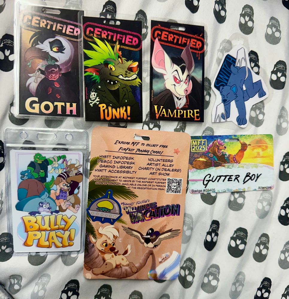 A) Certified Goth, Punk, and Vampire badges depicting anthropomorphic vulture (?), wolf, and bat, respectively.

B) Switch badge depicting a blue YCH in a hanging wedgie while also giving an off badge character a wedgie.

C) Bullyplay! badge by Hearth Fox.

D) MFF 2025 Villainous Vacation badges.