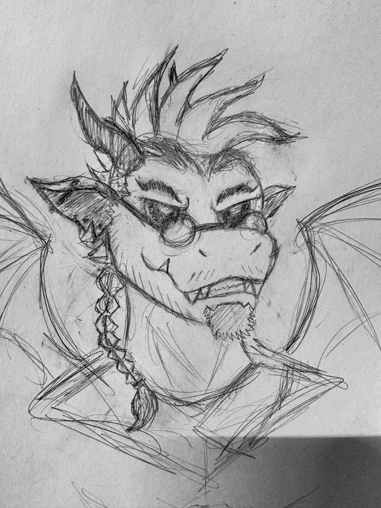 Sketch of a gargoyle boy with a scruffy mohawk and braid, and a fuzzy goatee. He’s sporting a snaggle-toothed, shit-eating grin and small round glasses perched below his inky sclera and glowy pupils. He’s got pierced ears with an industrial and two lobe piercings, and stubble on his upper lip and jawline. He looks vaguely reptilian/draconic and young. He looks like the kind of guy who would talk mad shit despite not having the physique to back it up if someone jumped him for it. But he also looks like he doesn’t care if he gets jumped. He’s looking to start shit. What an edgy little shit.