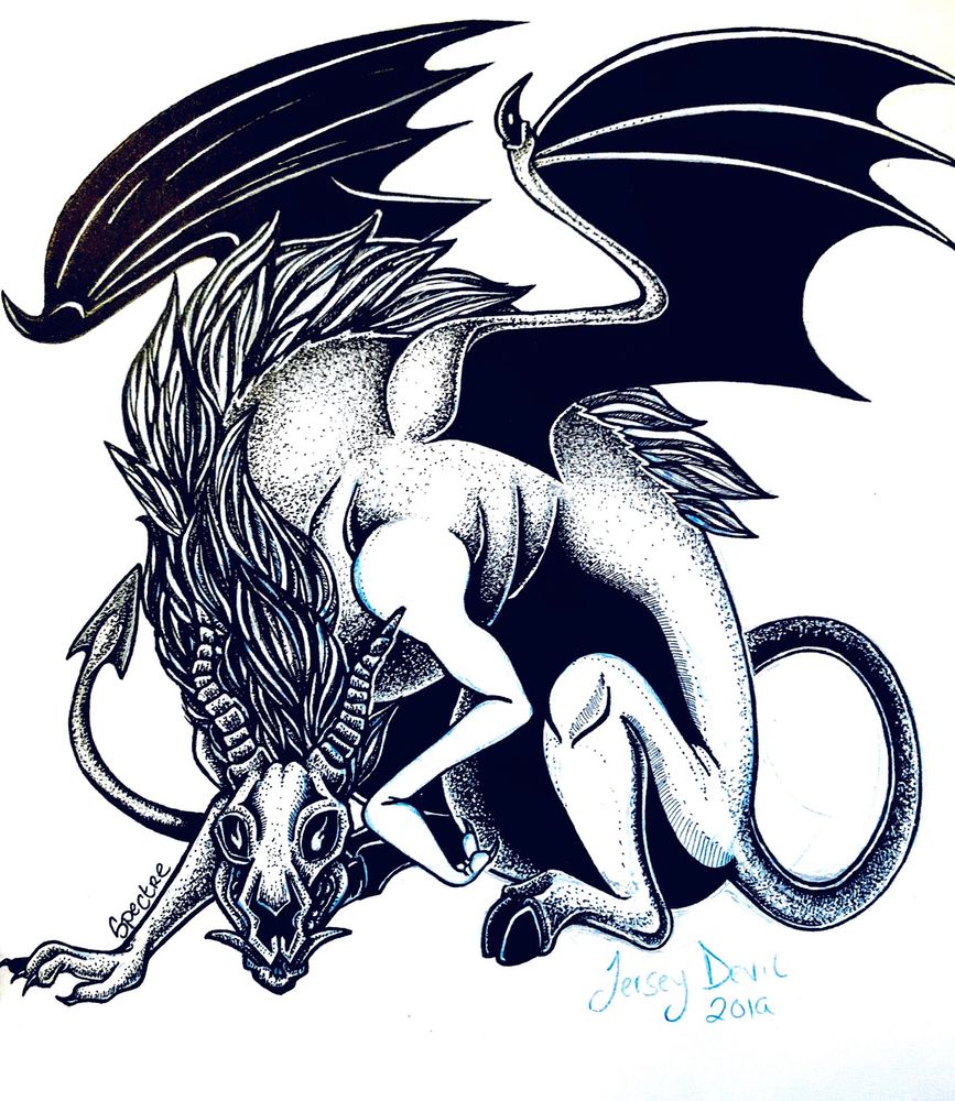 An old sketchbook drawing made by SassyCoffins, also known as Spectre.

Drawing is a stipple ink drawing of the artist’s rendition of the Jersey Devil. This creature sits, almost as if about to start a hunt. 

This creature has a goat skull with fire eyes. Semi-Emaciated with hooves hind legs. It also holds a pair of large bag wings.