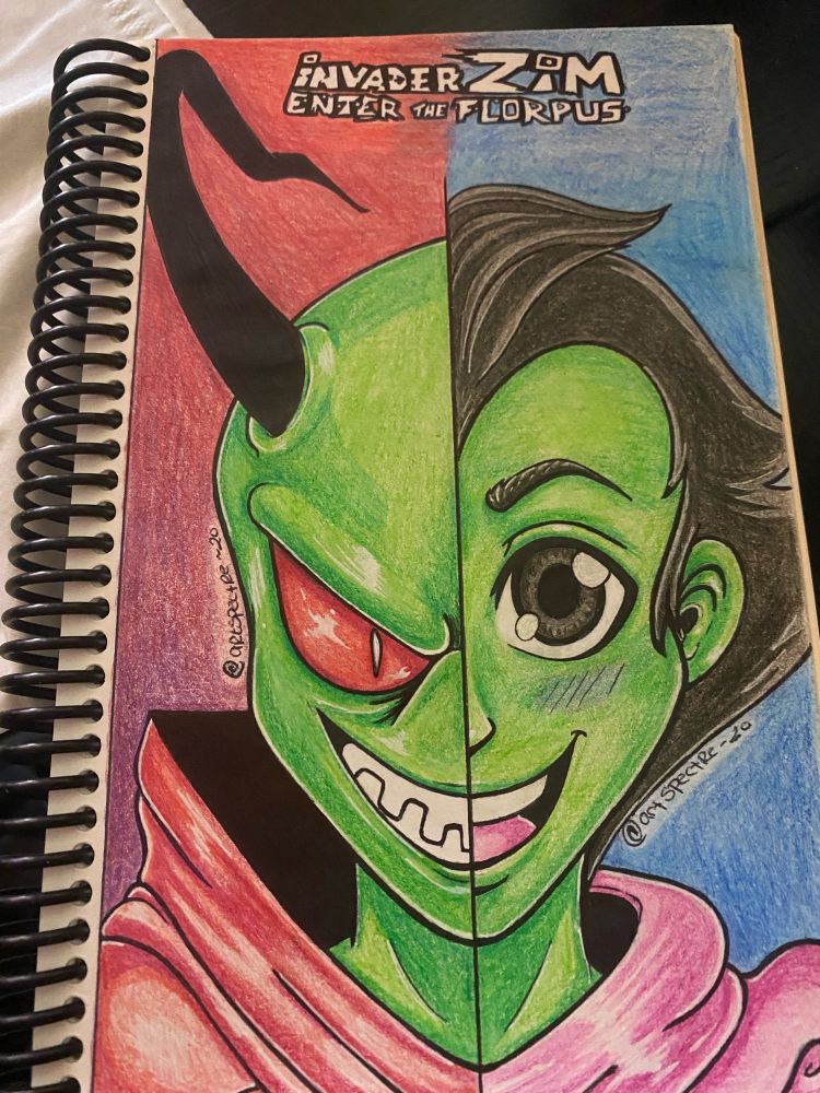Old sketchbook drawing made by SassyCoffins, also known as Spectre (old handle being ArtSpectre).

This one’s fanart made to test out cheap color pencils (akin to kindergarten colored pencils) with black ink. This one’s of Zim, from the series Invader Zim, in both his Alien and Human form.

Drawn to be a split face design, on the left shows Zim’s true alien form. Grinning menacingly to the camera. While on the right is his human form, pretending to have a genuine friendly smile. 