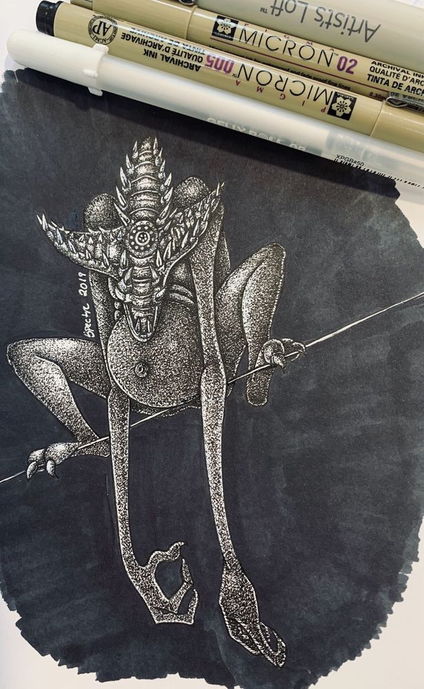 Old sketchbook art by SassyCoffins, also known as Spectre.

This one shows an odd creature. A head that splits into a flower shape with rows and rows of sharp teeth. The creature, stomach swollen, sits perched on what could be assumed to be a  power line. It has long, gangly arms; hanging, resting slack as it balances it large body with two rounded toes owning long claws.