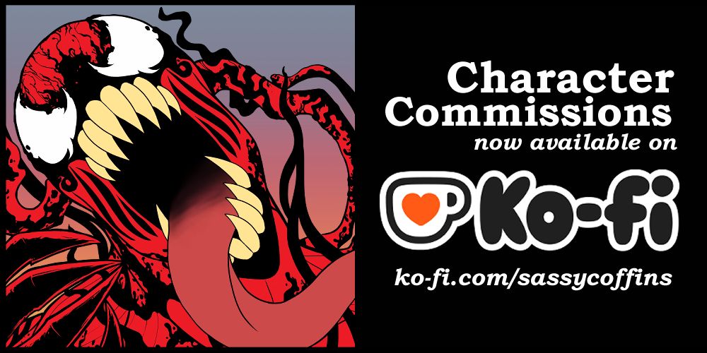 Image is showing artwork SassyCoffins made, advertising that her Character Commissions are now open on Ko-Fi!

Website link reads as such: ko-fi.com/sassycoffins