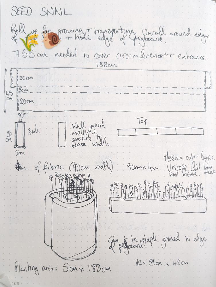 A slightly scrawly plan titled SEED SNAIL:

"Roll up for growing & transporting. Unroll around edge of [redacted mystery structure] & hide edge of pegboard

755 cm needed to cover circumference and entrance"

A very wide open pattern for a fabric planter 188cm wide and 45cm tall with dotted lines for folding and seams

"Will need multiple spacers to brace width

4m of fabric (90cm width) Hessian outer layer. Viscose felt wool blend 1mm thick.

Can it be staple gunned to edge of the pegboard? 

Planting area = 5cm x 188cm"

There are drawings of the planter as it would look both rolled up and unrolled.

