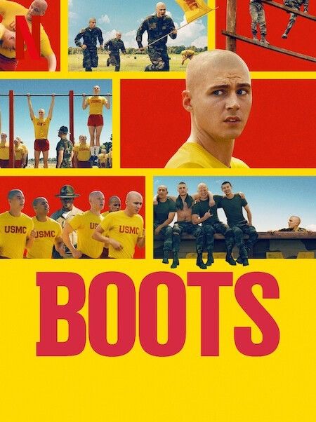Poster for the drama Boots. It's mostly yellow with red text at the bottom that says BOOTS. There's an irregular grid of different scenes from a military boot camp including lots of yellow and red as well. One frame includes a close up of a bald guy wearing a yellow top on a red background. 