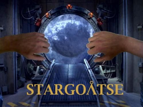 A photoshopped image of the stargate from Stargate with the hands from the goatse shock image pulling the gate open. The text at the bottom says STARGOATSE. The stargate is a metal ring with orange lights and symbols around it with a blue watery "wormhole" in the middle. It sits in a military base with a metal ramp up to the wormhole. The hands are the hands of an older man, with a ring on the left ring finger. 