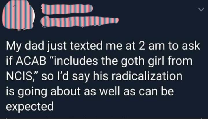 Dark mode screenshot of a social media post with the avatar and names censored 
My dad just texted me at 2 am to ask if ACAB "includes the goth girl from NCIS," so I'd say his radicalization is going about as well as can be expected

