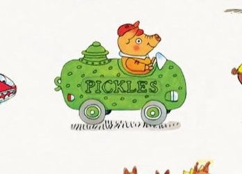 Pig driving a car that's shaped like a pickle, and it also has "Pickles" written on it. The pig is smiling, but the look in its eyes lets you know it is dead inside. It's also wearing a hat.
