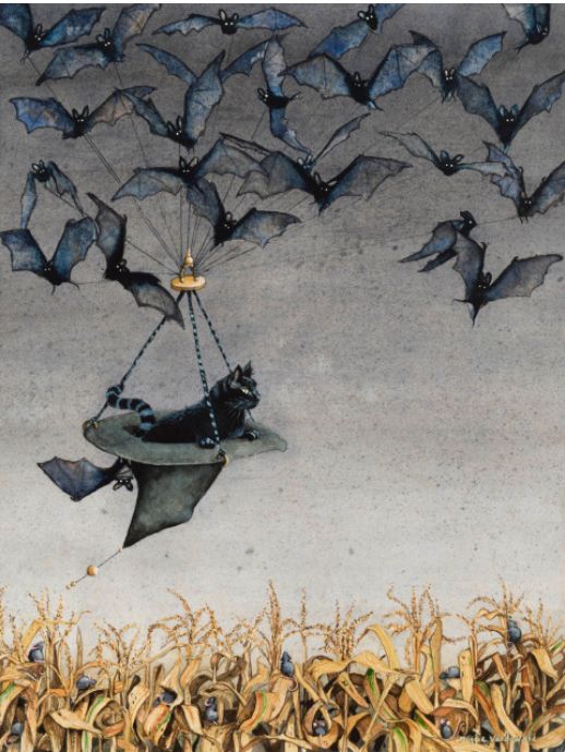 Water color painting, entitled "Straight on Till Morning." It depicts bats flying over a cornfield in autumn, carrying an inverted witch cat in which is sitting black cat w gold eyes and striped tail.
