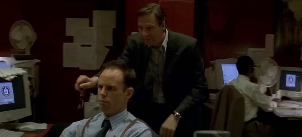 Walton Goggins with Chris Cooper in the CIA Boiler Room in Bourne Identity. 