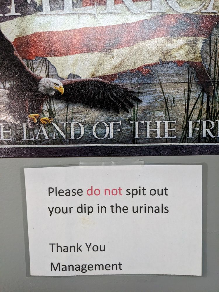 Photo of a printed on paper sign that says do not spit your dip in the urinals, thank you management under a commercially made "America, the Land of the Free" with bald eagle. 