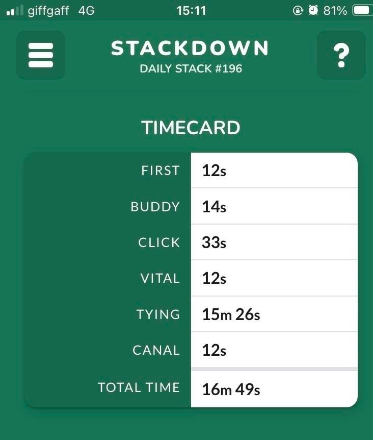 Screenshot of the results of a game of Stackdown. All words were found in a few seconds except one which took me 15m 26s.