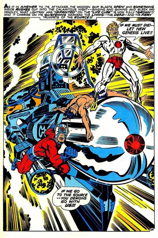 That splash page from New Gods #6 where Orion and Lightray ride the giant bomb and Orion yells "Of we go to the Source-- you demons go with us!!!"
