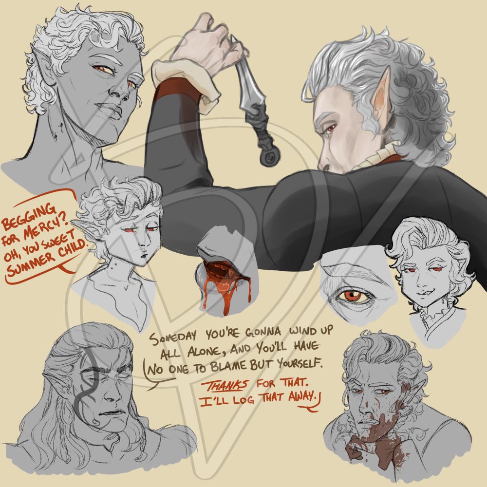 A series of Astarion sketches and digital paintings, and one Halsin. Conversation is a quote from The Emperor’s New Groove 