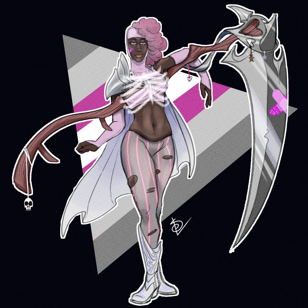 Kalashtar grave cleric with grey, white, and pink theme for the demigirl flag. She’s carrying an ornate scythe with charms tied onto it, and criss-crossed bandaids on the blade