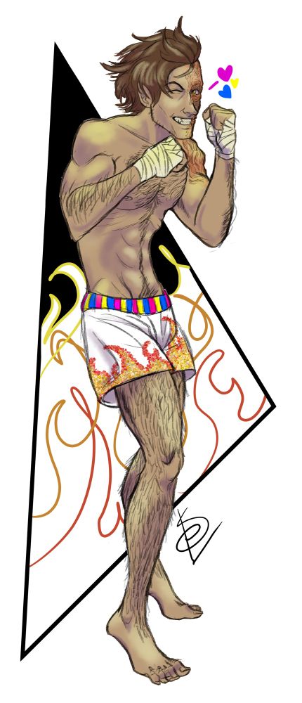 A very long man in white shorts with sequin flames on them takes a kickboxing pose. He’s got bad burns on the left side of his face and upper arm and chest. He’s still winking tho. He’s very underfed, no matter how much he eats, please feed him