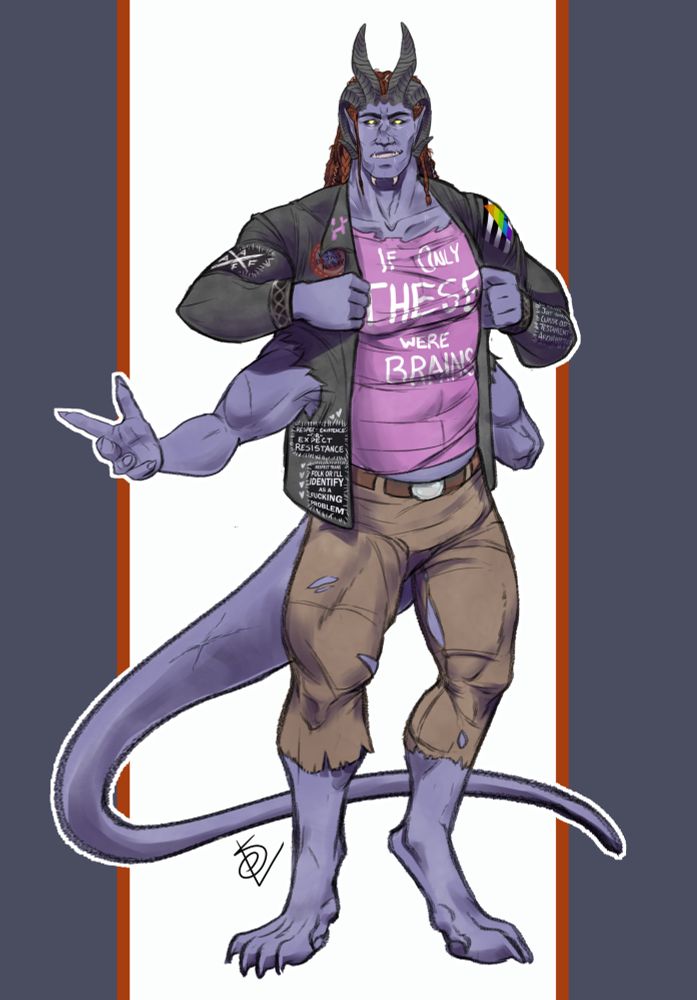 Who is he? What is he? We’re not entirely sure! His friends call him Ox, and his enemies call him “OH SHIT”.

A seven+ foot high man who looks fairly draconic dons a jacket with several patches on