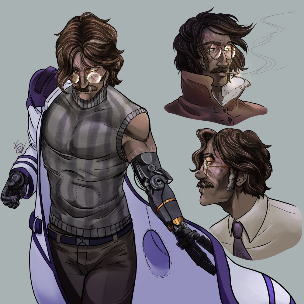 A half body portrait and two headshots of a male in his mid forties - fifties. His skin is tan, hair wavy and salt-and-pepper, favoring deep brown. He has a mustache. On his face are a plethora of scars. His left eye is fake and glows a bright yellow, whereas his real eye is green. He has a robotic left arm starting mid-bicep, made of older tech, and a newer robotic right hand. 