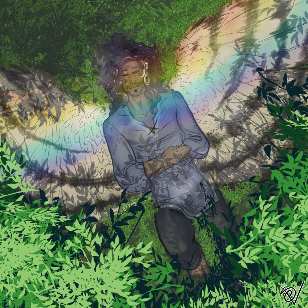 A winged man dozes in the soft grass, partially shaded by the trees. A rainbow from the light above is cast across him