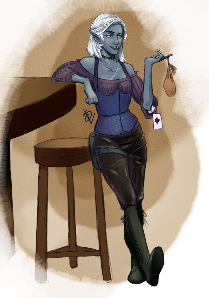 A Drow in purple, blue, and black clothes smirks over at the men who lost at cards to her, not realizing she’s just been caught with something up her sleeve…