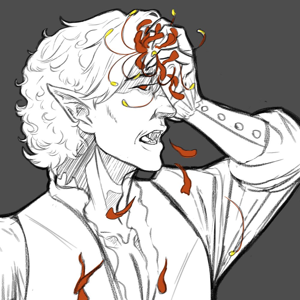 Astarion Ancunin in profile with his mouth open, looking at the viewer. He’s crushing a red spider lily against his head. V artsy