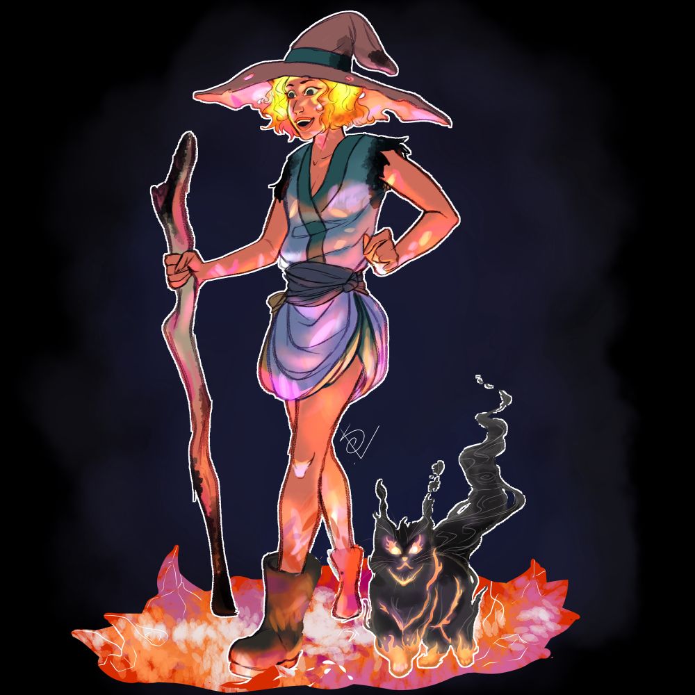 A fire genasi druid with glowing hair walks alongside a smoky cat familiar across a bed of crystals. They light up with her flames and reflect against her