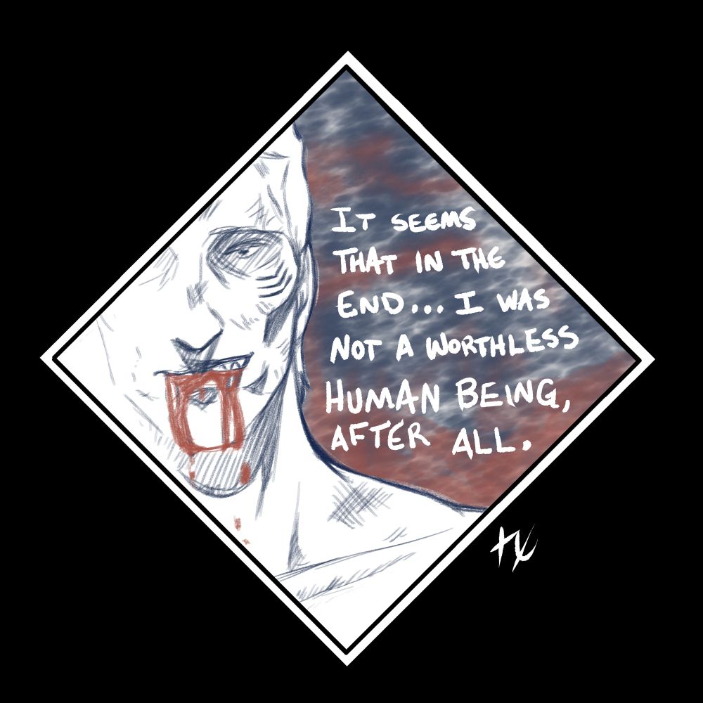 A sketchy, fading picture of Kisame Hoshigaki, smiling and with blood dripping from his mouth. Next to him are his final thoughts.