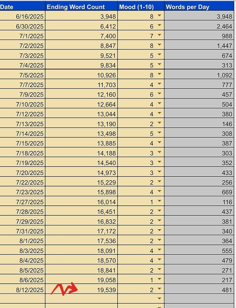 Daily word count of my romcom novel in progress.  19.539 words! 
