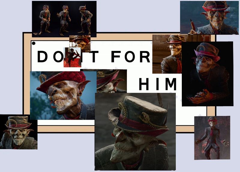Cartoon of a bulletin board with pictures of Sceleritas Fel from Baldur’s Gate 3 and the words “do it for him”