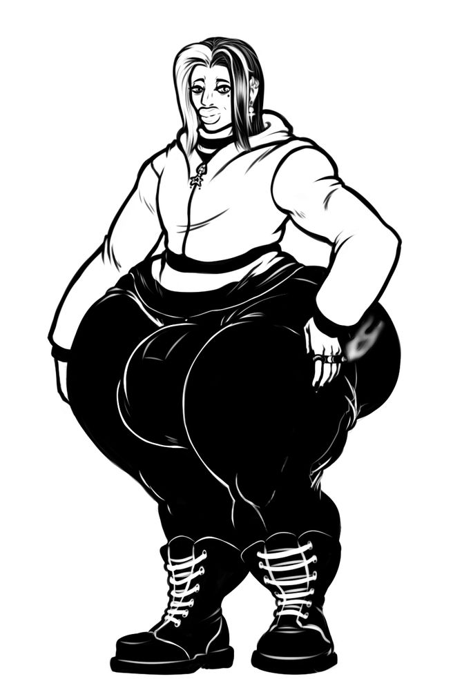 A man with a goth style dressed in a hoodie and leather pants with an extremely bottom heavy figure and oversized genitals.