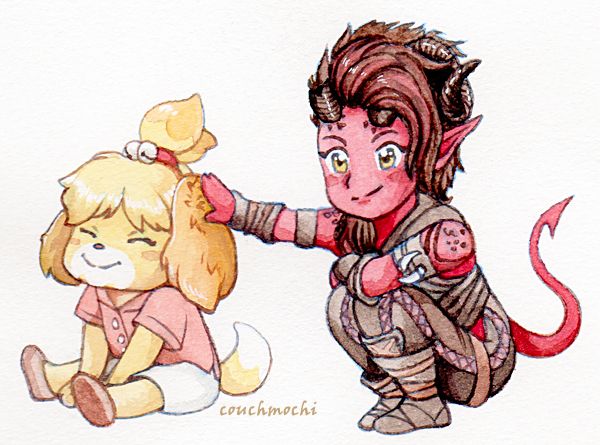 Karlach (a Tiefling, devil-like creature with horns) is petting Isabelle (a anthropmorphic dog) on the head. They look cute and happy.