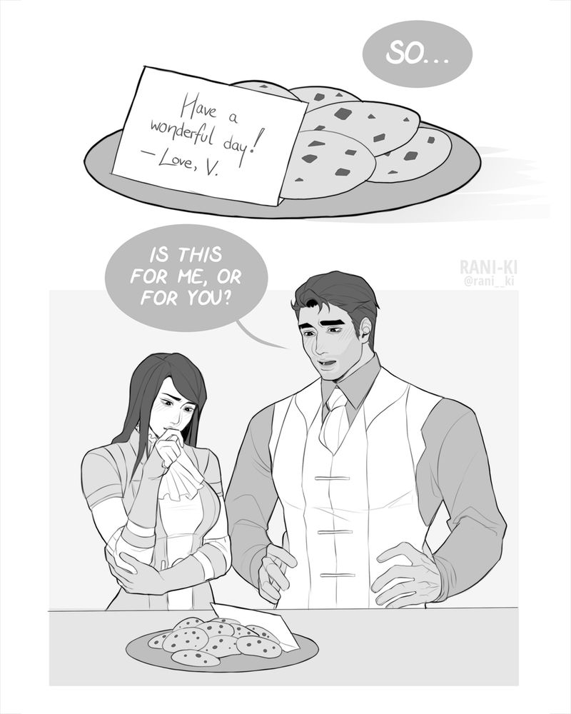 - Panel 1 -
A plate of cookies with a note that says "Have a wonderful day! — Love, V."
Jayce: "So..."

- Panel 2 -
Jayce and Caitlyn looking at the cookies questioningly
Jayce: "Is this for me, or for you?"