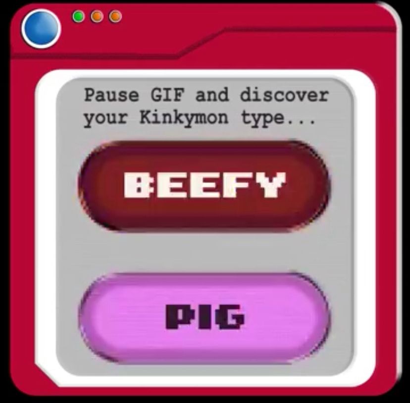 Screenshot of the quoted GIF, a Pokemon-styled codex. Two types are listed in colorful oblong shapes: "beefy" in dark red and "pig" in bright pink.