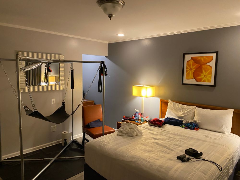 A room with a bed and sling